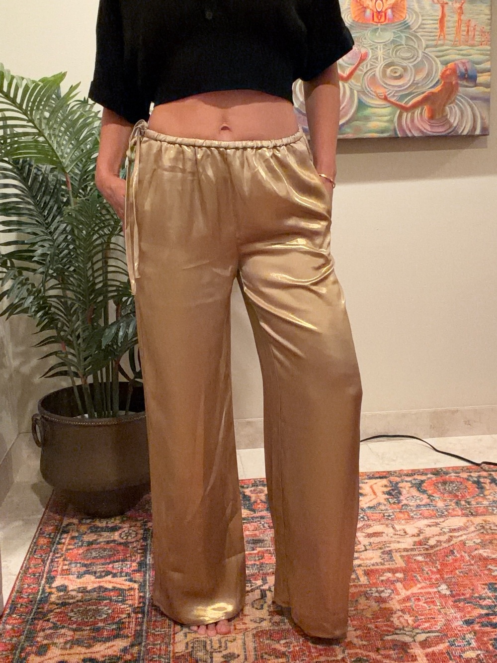 Maeve Metallic Gold Wide-Leg Satin Pants